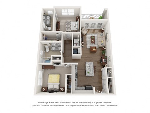 Floor plan for 2 beds, 2 baths, 1039 sqft